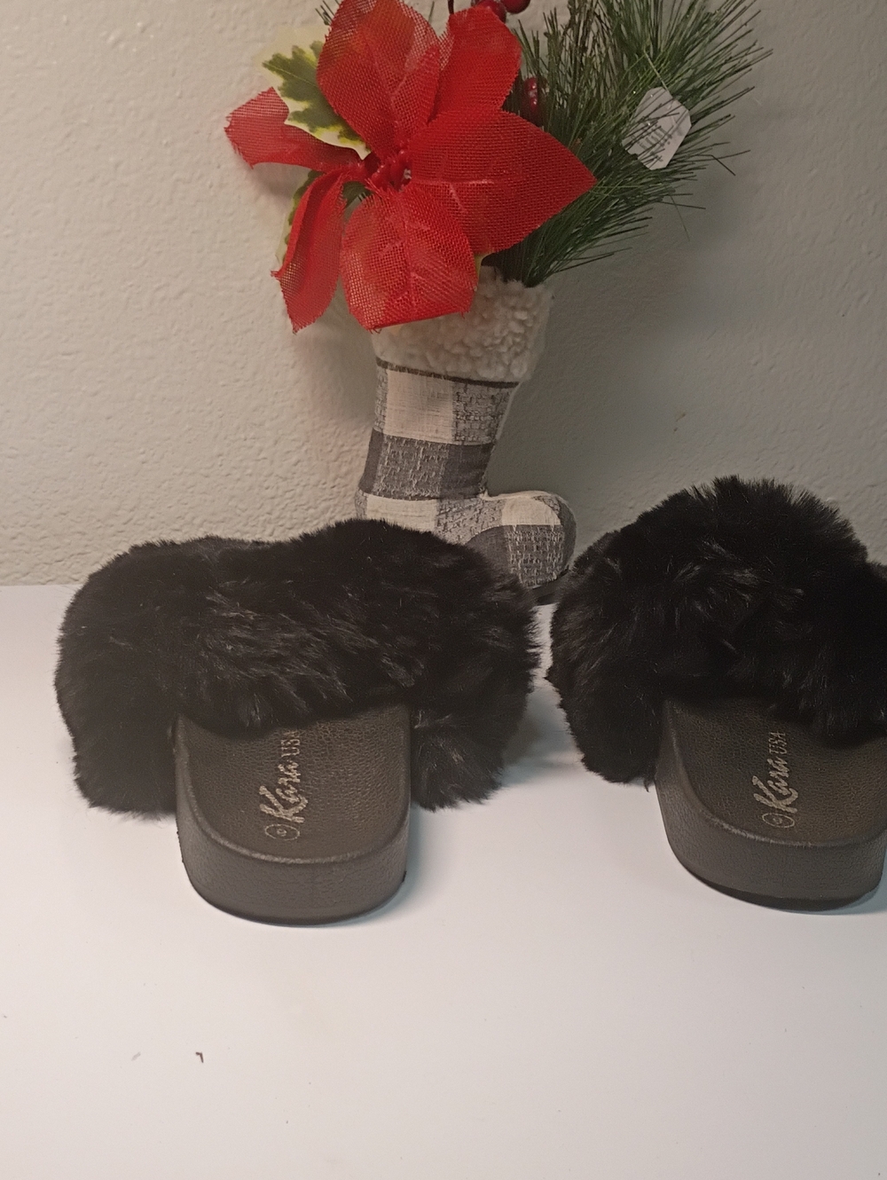 K-Joey Black Faux Fur Slide Slippers for Women